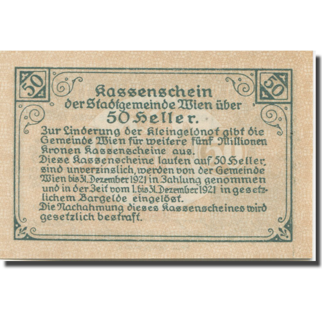 Banknote, Austria, Vienne, 50 Heller, château 12, 1921 UNC(63) Mehl:FS 1183IIf