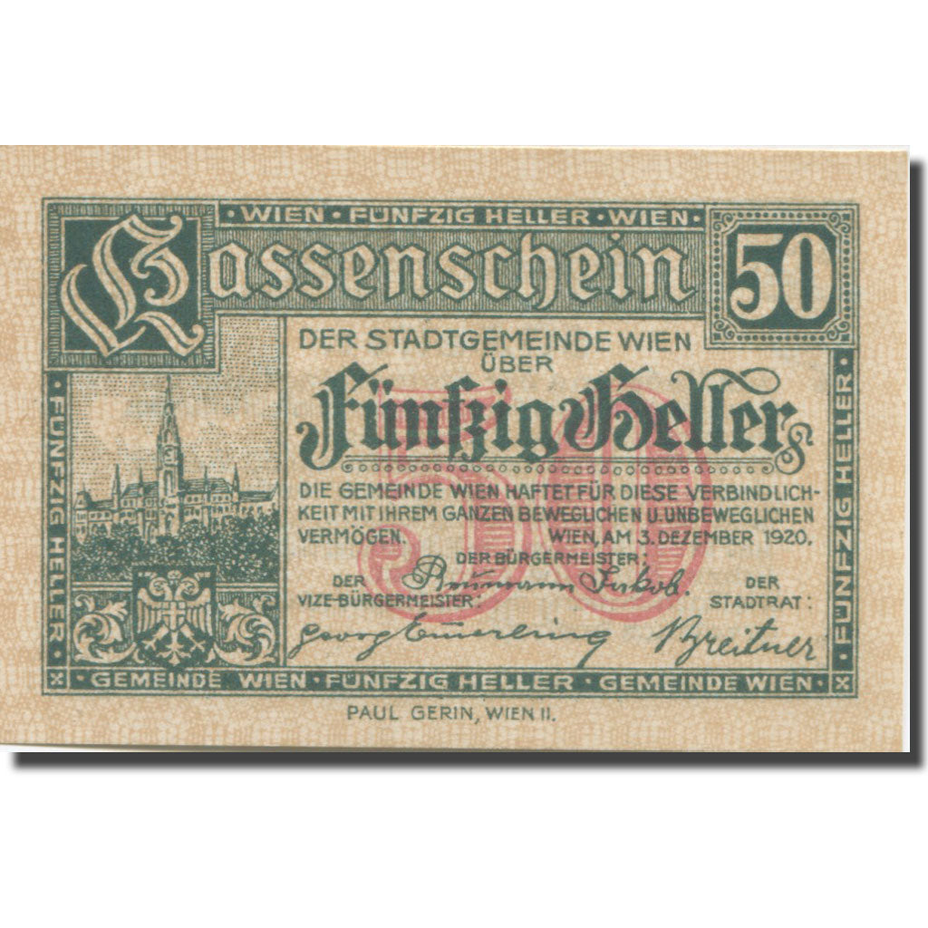 Banknote, Austria, Vienne, 50 Heller, château 13, 1921 UNC(63) Mehl:FS 1183IIf