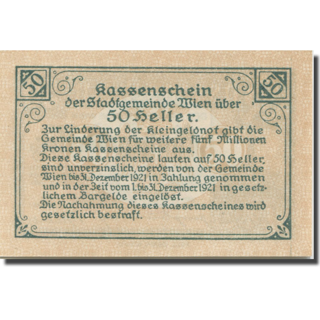 Banknote, Austria, Vienne, 50 Heller, château 13, 1921 UNC(63) Mehl:FS 1183IIf