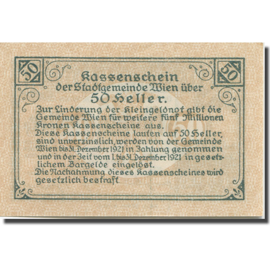 Banknote, Austria, Vienne, 50 Heller, château 14, 1921, UNC(63) Mehl:FS 1183IIf