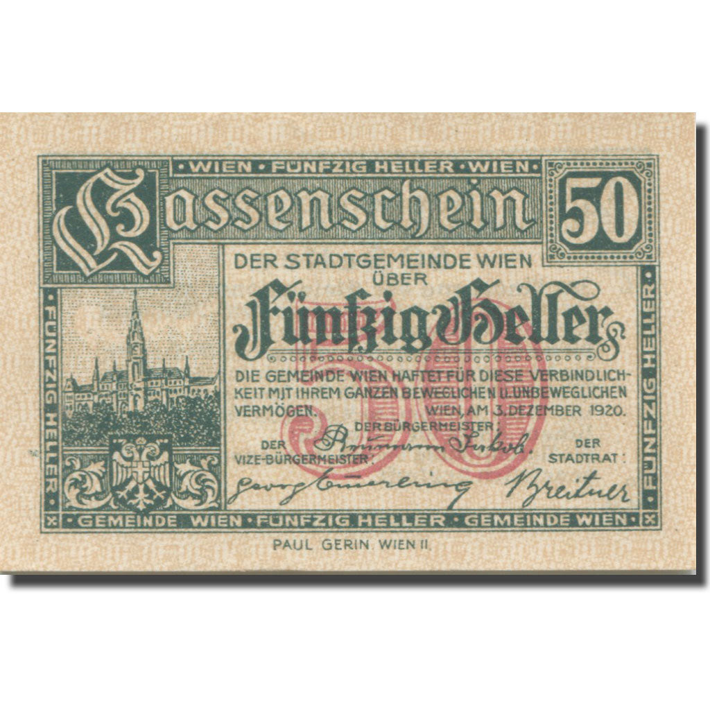 Banknote, Austria, Vienne, 50 Heller, château 15, 1921 UNC(63) Mehl:FS 1183IIf