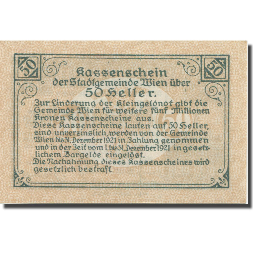Banknote, Austria, Vienne, 50 Heller, château 15, 1921 UNC(63) Mehl:FS 1183IIf