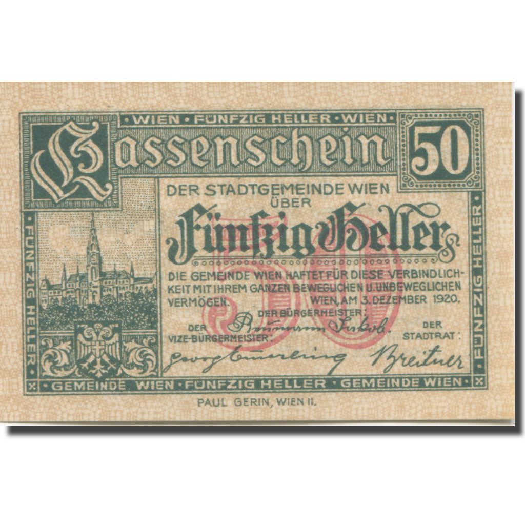 Banknote, Austria, Vienne, 50 Heller, château 16, 1921 UNC(63) Mehl:FS 1183IIf