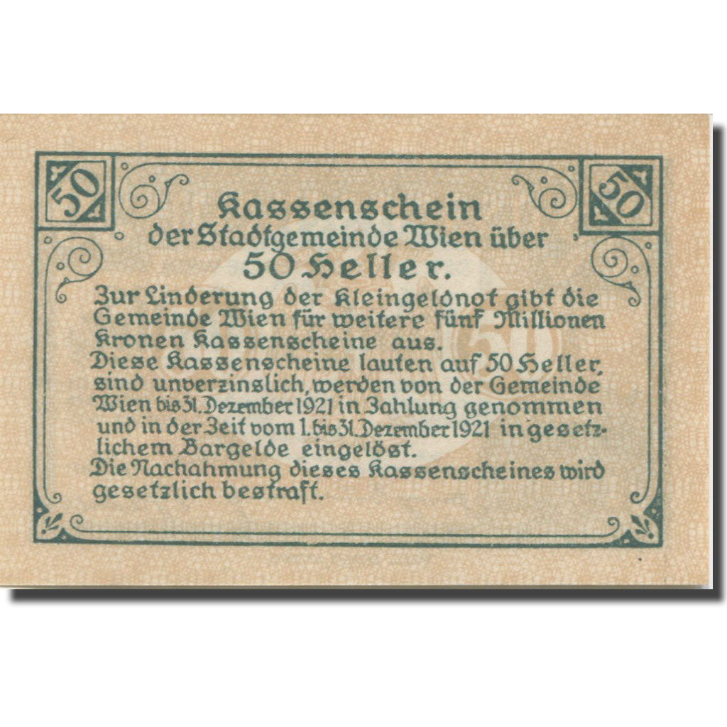 Banknote, Austria, Vienne, 50 Heller, château 16, 1921 UNC(63) Mehl:FS 1183IIf