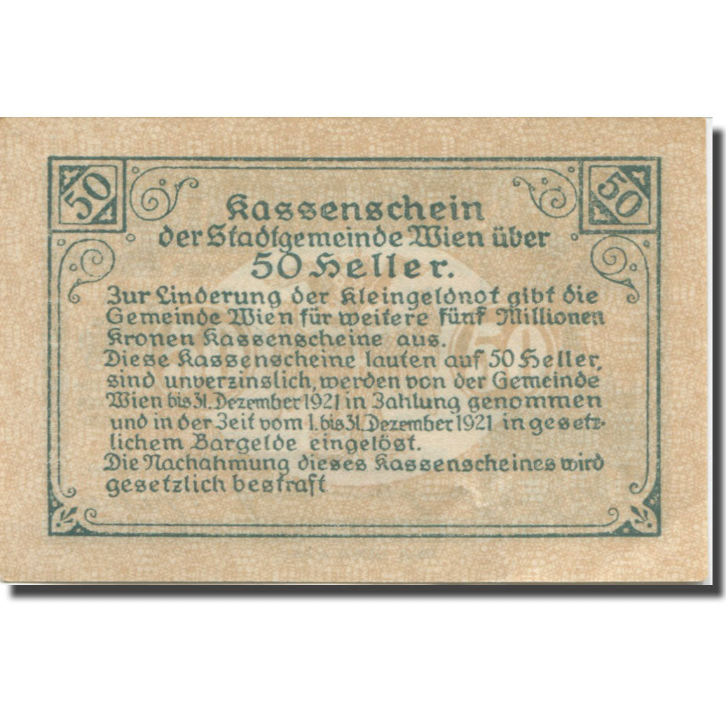 Banknote, Austria, Vienne, 50 Heller, château 17, 1921 UNC(63) Mehl:FS 1183IIf