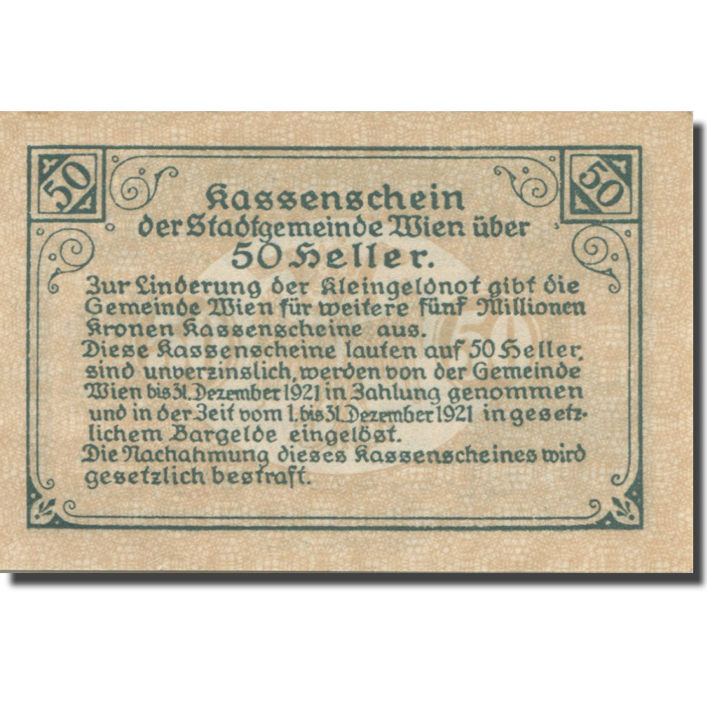 Banknote, Austria, Vienne, 50 Heller, château 18, 1921 UNC(63) Mehl:FS 1183IIf