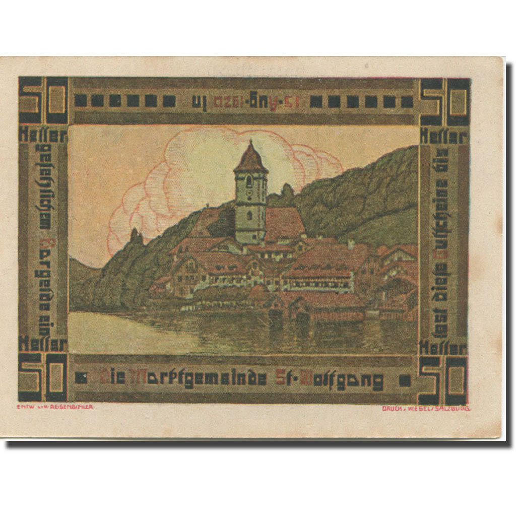 Banconote, Austria, St Wolfgang, 50 Heller, église 2, 1920 SPL-Mehl:FS 947a