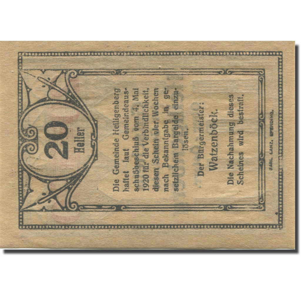 Banknote, Austria, Heiligenberg, 20 Heller, colonne, 1920 UNC(63) Mehl:FS 361Ia