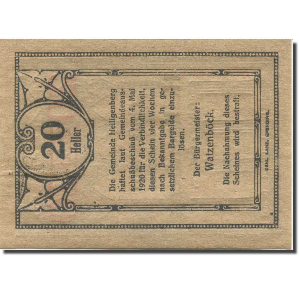 Banknote, Austria, Heiligenberg, 20Heller, colonne 1, 1920 UNC(63) Mehl:FS 361Ia