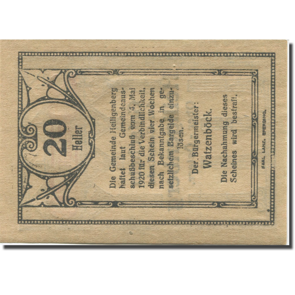 Banknote, Austria, Heiligenberg, 20Heller, Colonne 3, 1920 UNC(63) Mehl:FS 361Ia