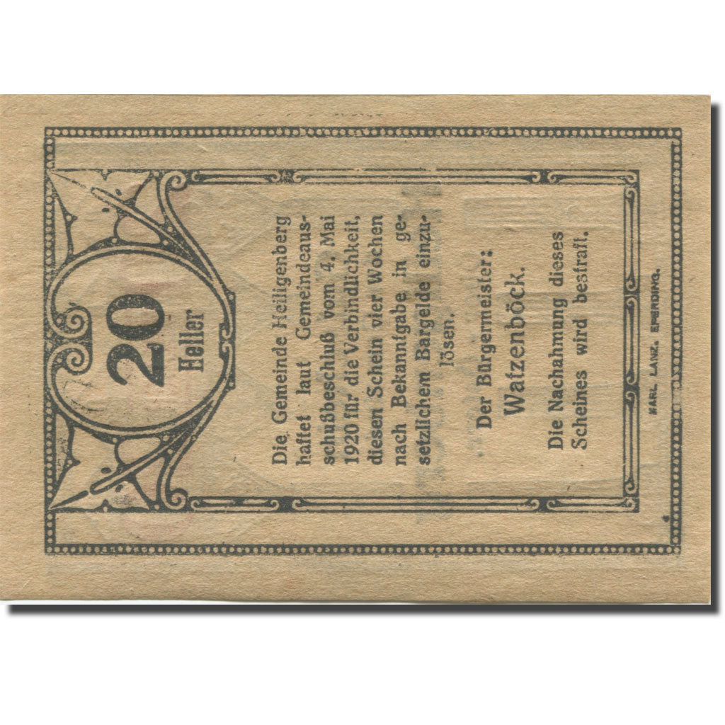Banknote, Austria, Heiligenberg, 20 Heller colonne 4, 1920 UNC(63) Mehl:FS 361Ia