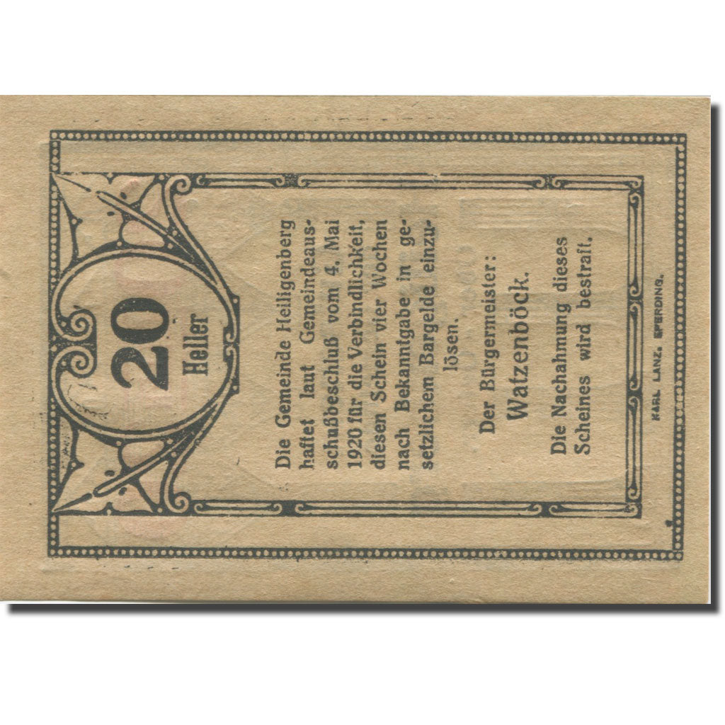 Banknote, Austria, Heiligenberg 20Heller, colonne 5, 1920 UNC(63) Mehl:FS 361Ia