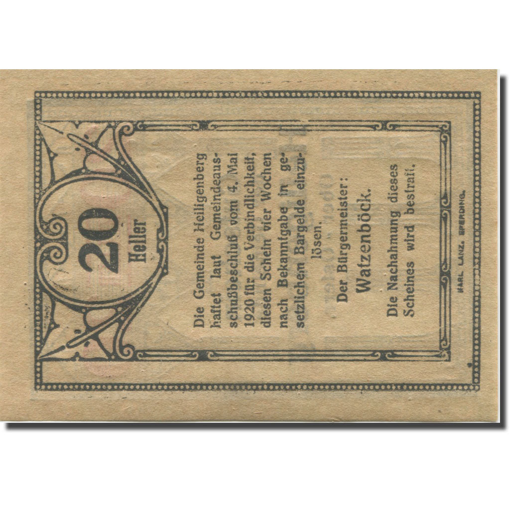Banknote, Austria, Heiligenberg, 20Heller, colonne 6, 1920 UNC(63) Mehl:FS 361Ia