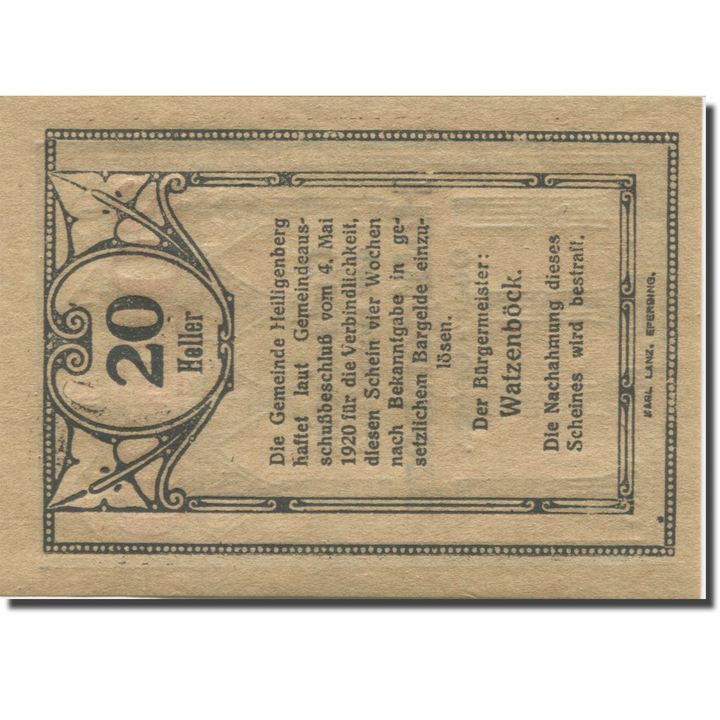 Banknote, Austria, Heiligenberg 20Heller, colonne 7, 1920 UNC(63) Mehl:FS 361Ia