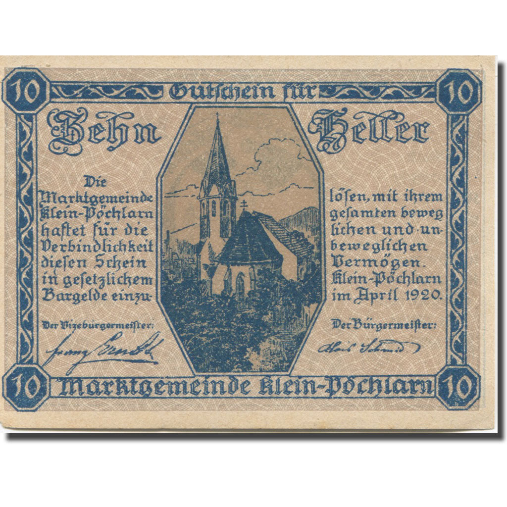 Banknote, Austria, Klein Pöchlarn 10 Heller, Eglise 1, 1920 UNC(63) Mehl:FS 457a