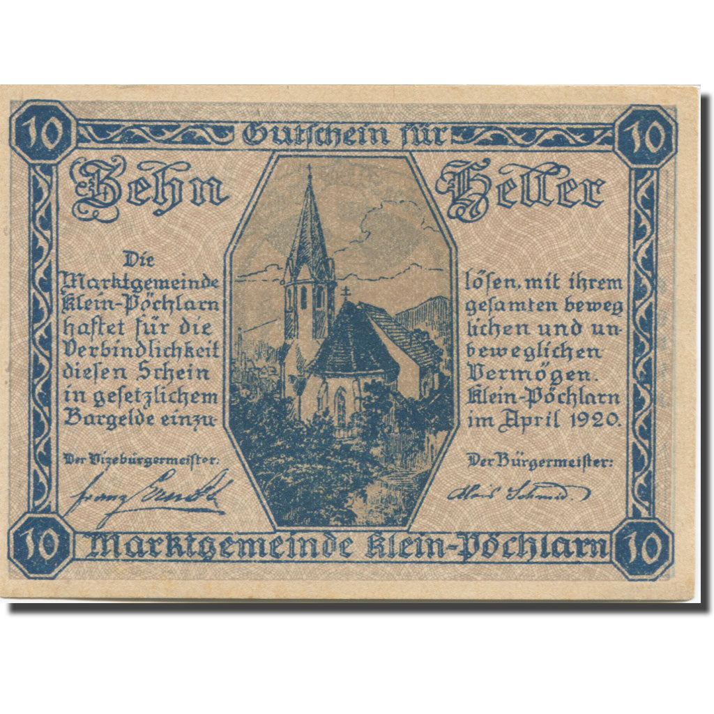 Banknote, Austria, Klein Pöchlarn, 10Heller, eglise 2, 1920 UNC(63) Mehl:FS 457a