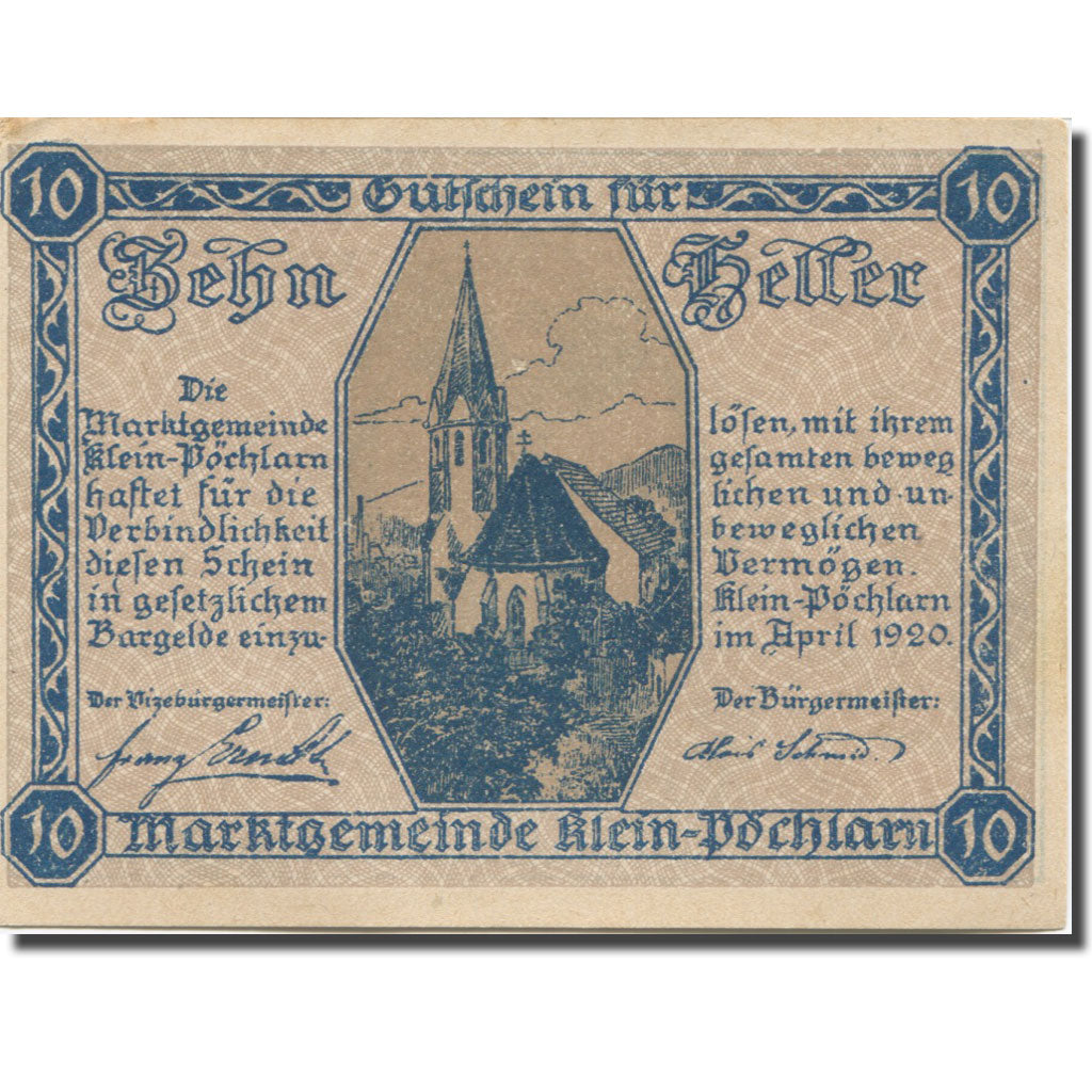 Banknote, Austria, Klein Pöchlarn, 10Heller, église 3, 1920 UNC(63) Mehl:FS 457a
