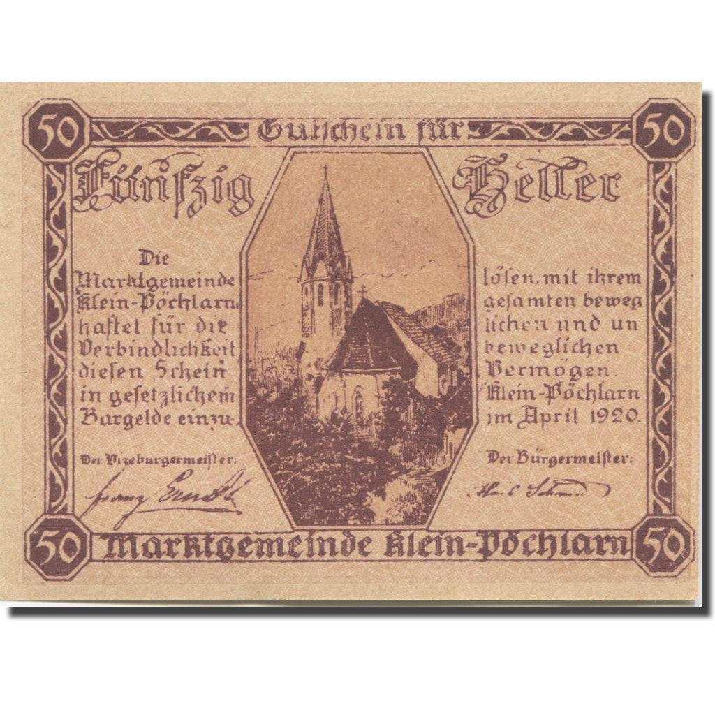 Banknote, Austria, Klein Pöchlarn, 50Heller, église 4, 1920 UNC(63) Mehl:FS 457a