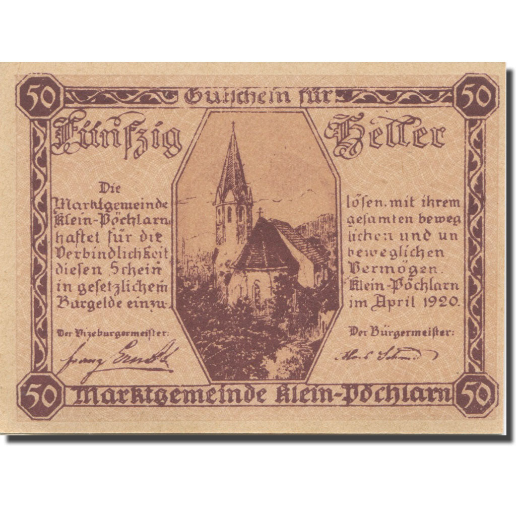 Banknote, Austria, Klein Pöchlarn, 50Heller, Eglise 7, 1920 UNC(63) Mehl:FS 457a