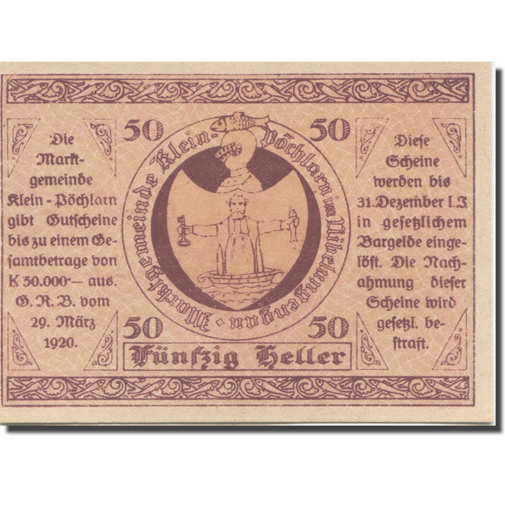 Banknote, Austria, Klein Pöchlarn, 50 Heller Eglise 8, 1920 UNC(63) Mehl:FS 457a
