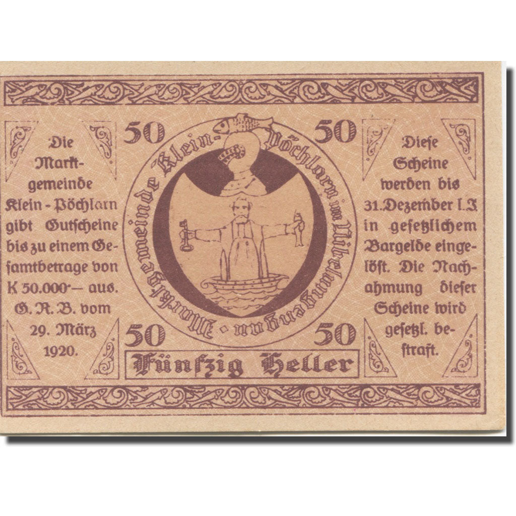 Banknote, Austria, Klein Pöchlarn 50Heller, Eglise 9, 1920 UNC(63) Mehl:FS 457a
