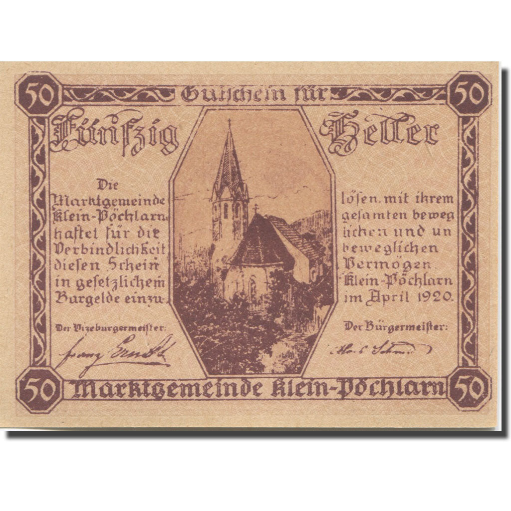 Banknote, Austria, Klein Pöchlarn 50Heller Eglise 11, 1920 UNC(63) Mehl:FS 457a