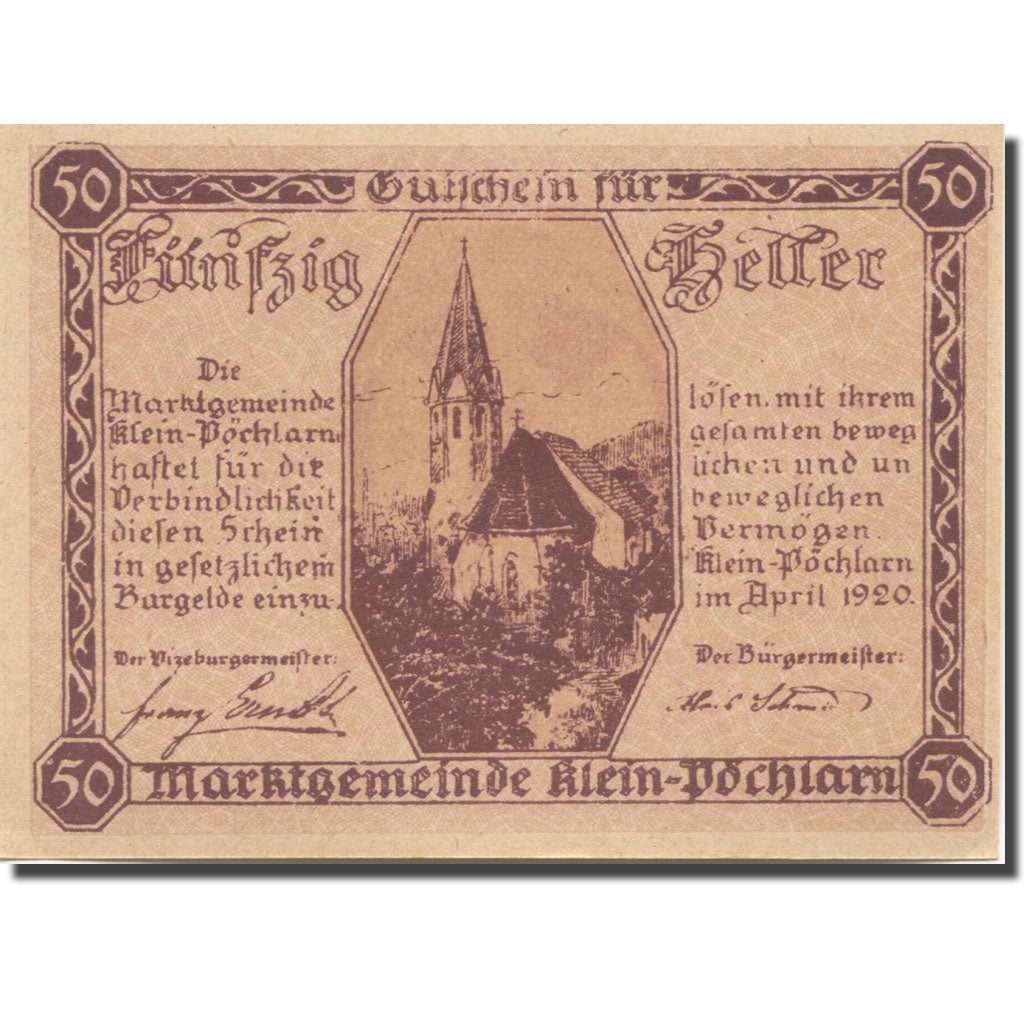 Banknote Austria Klein Pöchlarn 50 Heller, Eglise 13, 1920 UNC(63) Mehl:FS 457a