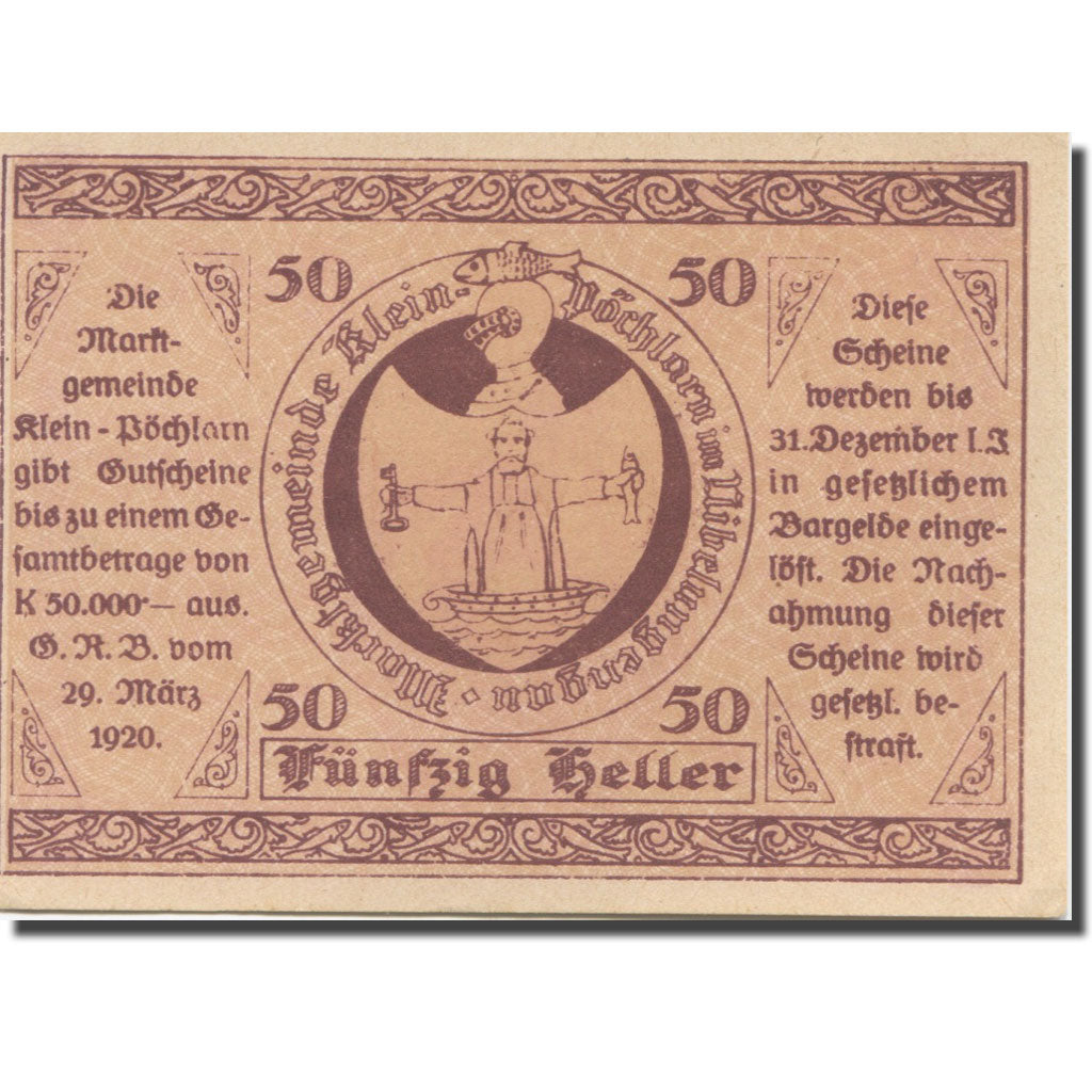 Banknote Austria Klein Pöchlarn 50 Heller, Eglise 13, 1920 UNC(63) Mehl:FS 457a