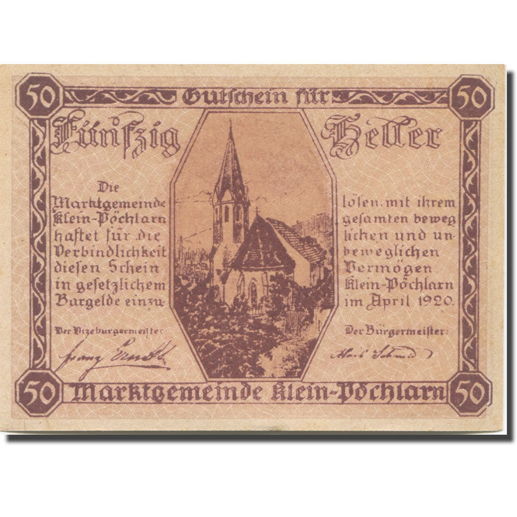 Banknote, Austria Klein Pöchlarn 50 Heller, Eglise 14, 1920 UNC(63) Mehl:FS 457a