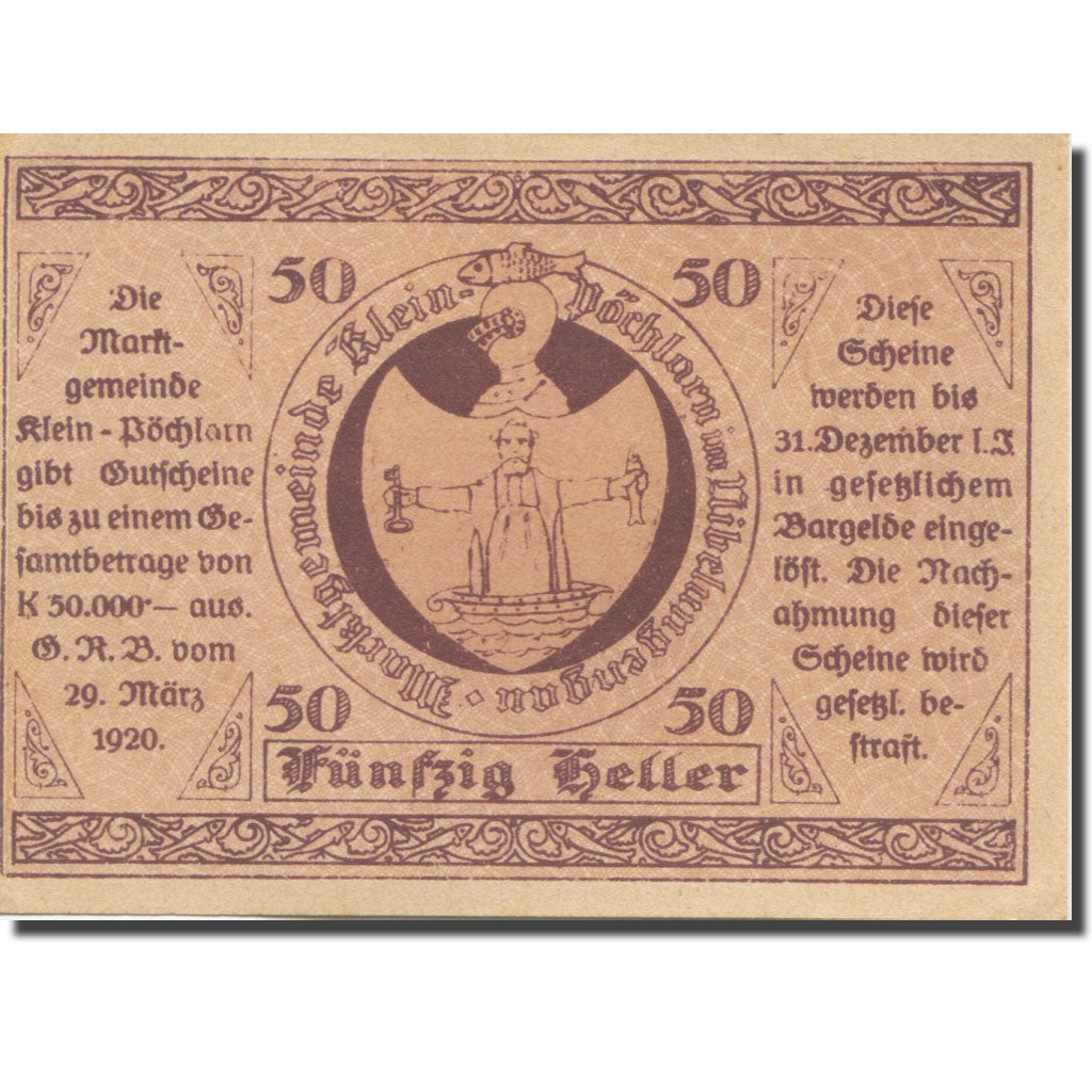Banknote, Austria Klein Pöchlarn 50 Heller, Eglise 15, 1920 UNC(63) Mehl:FS 457a