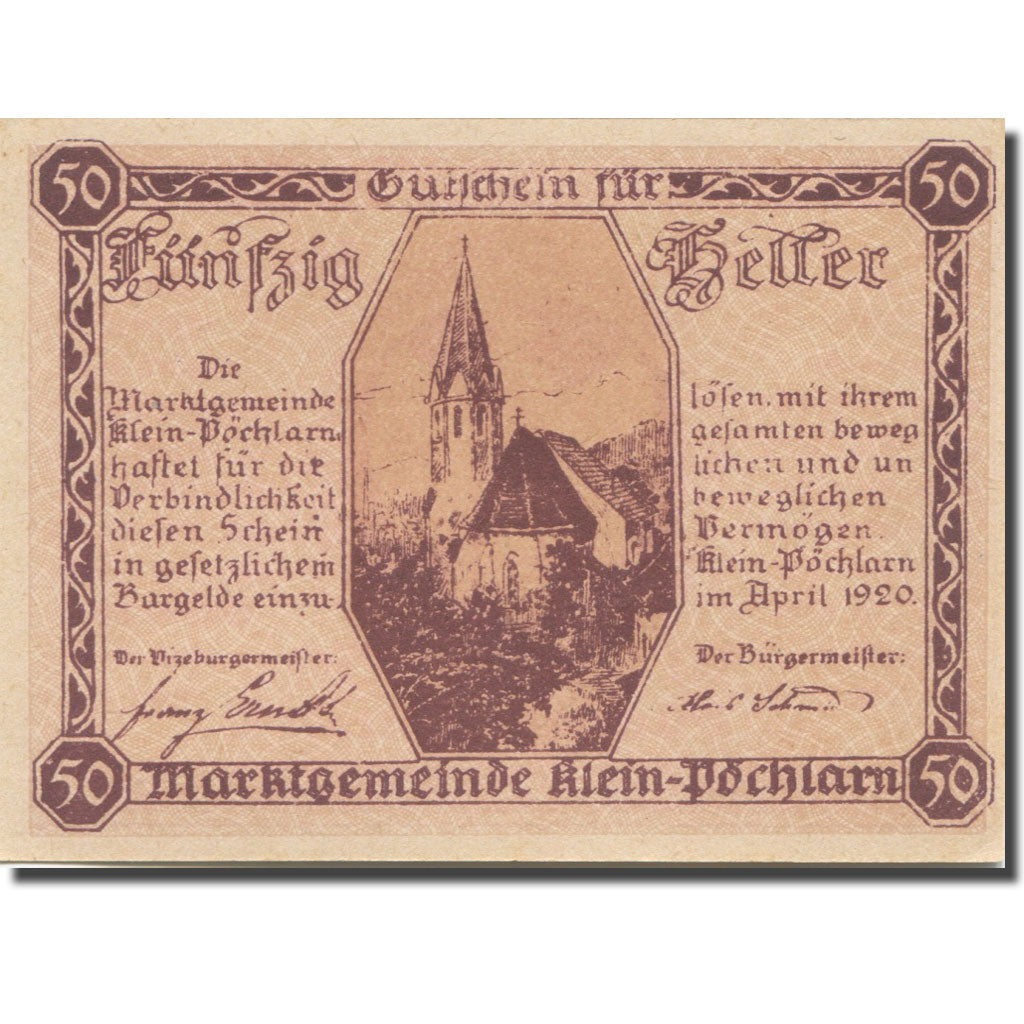 Banknote Austria Klein Pöchlarn 50 Heller, Eglise 16, 1920 UNC(63) Mehl:FS 457a