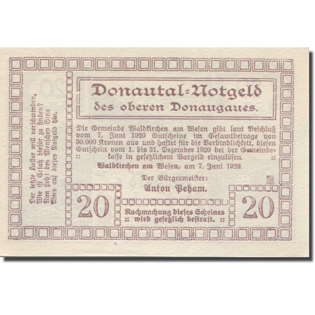 Banknote, Austria, Waldkirchen, 20 Heller, paysage, 1920 UNC(63) Mehl:FS 1133