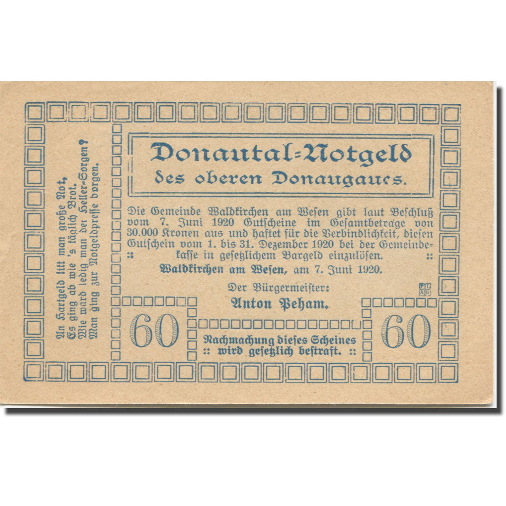 Banknote, Austria, Waldkirchen, 60 Heller, village, 1920 UNC(63) Mehl:FS 1133