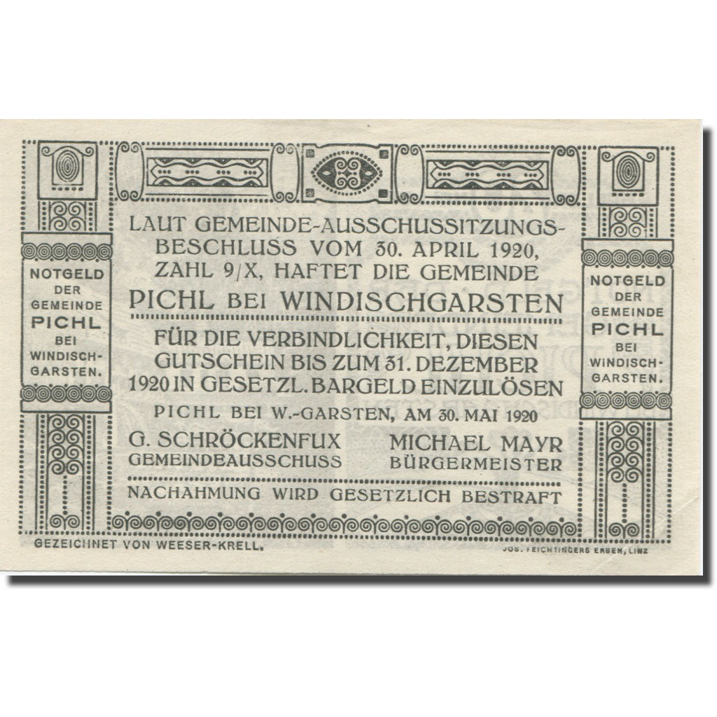 Banknote, Austria, Pichl, 20 Heller, Usine 1920-05-30, UNC(63), Mehl:FS 7481