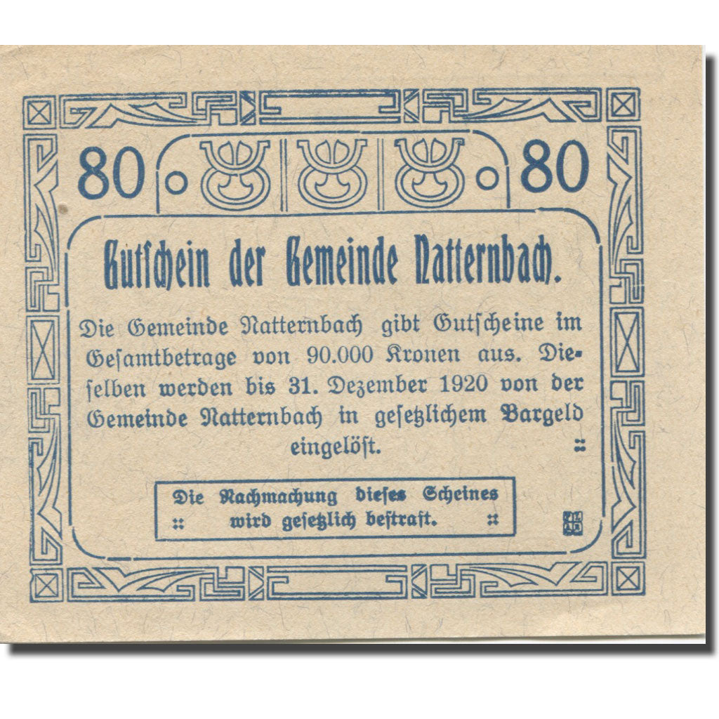 Banknote, Austria, Natternbach, 80 Heller, Eglise, 1920 UNC(63) Mehl:FS 643II1b