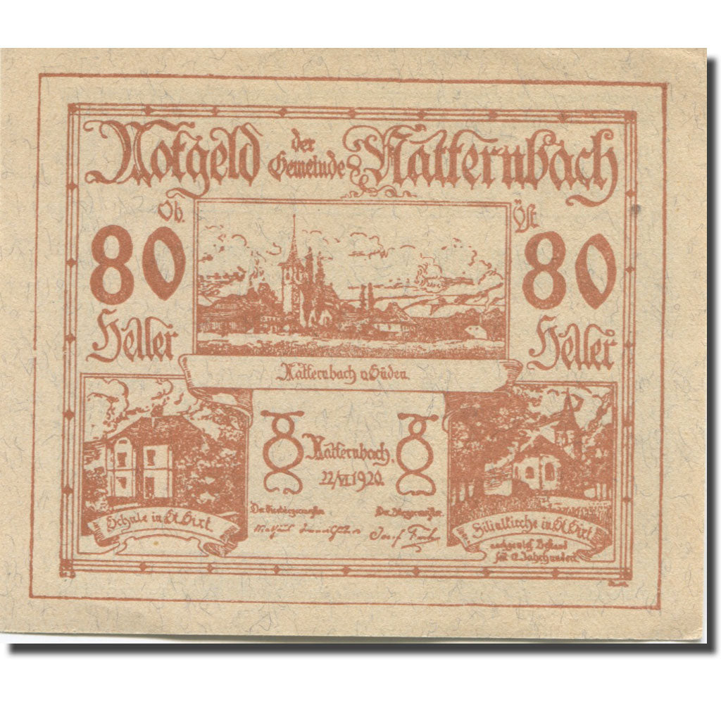 Banknote, Austria, Natternbach, 80 Heller, Eglise, 1920 UNC(63) Mehl:FS 643II1b