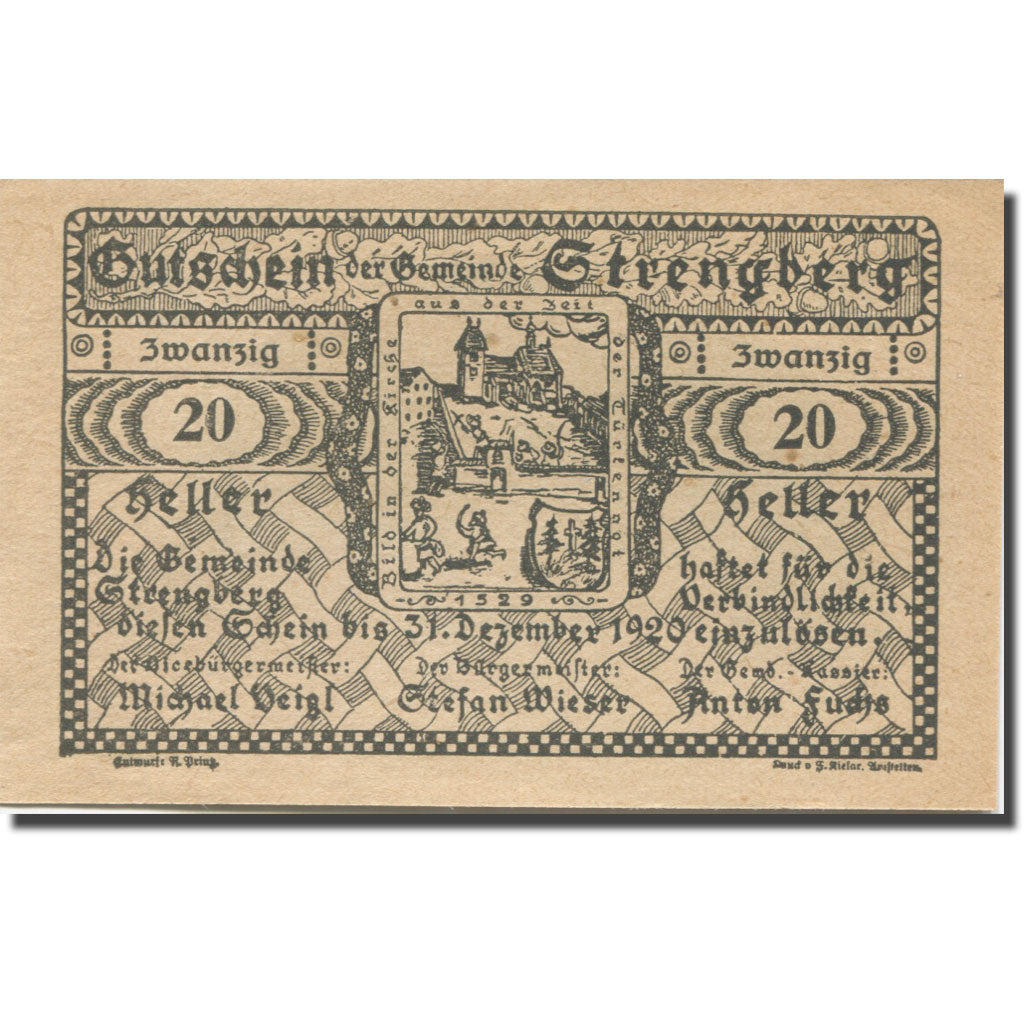 Banknote, Austria, Strengberg, 20 Heller, Eglise, 1920 UNC(65-70) Mehl:FS 1049b