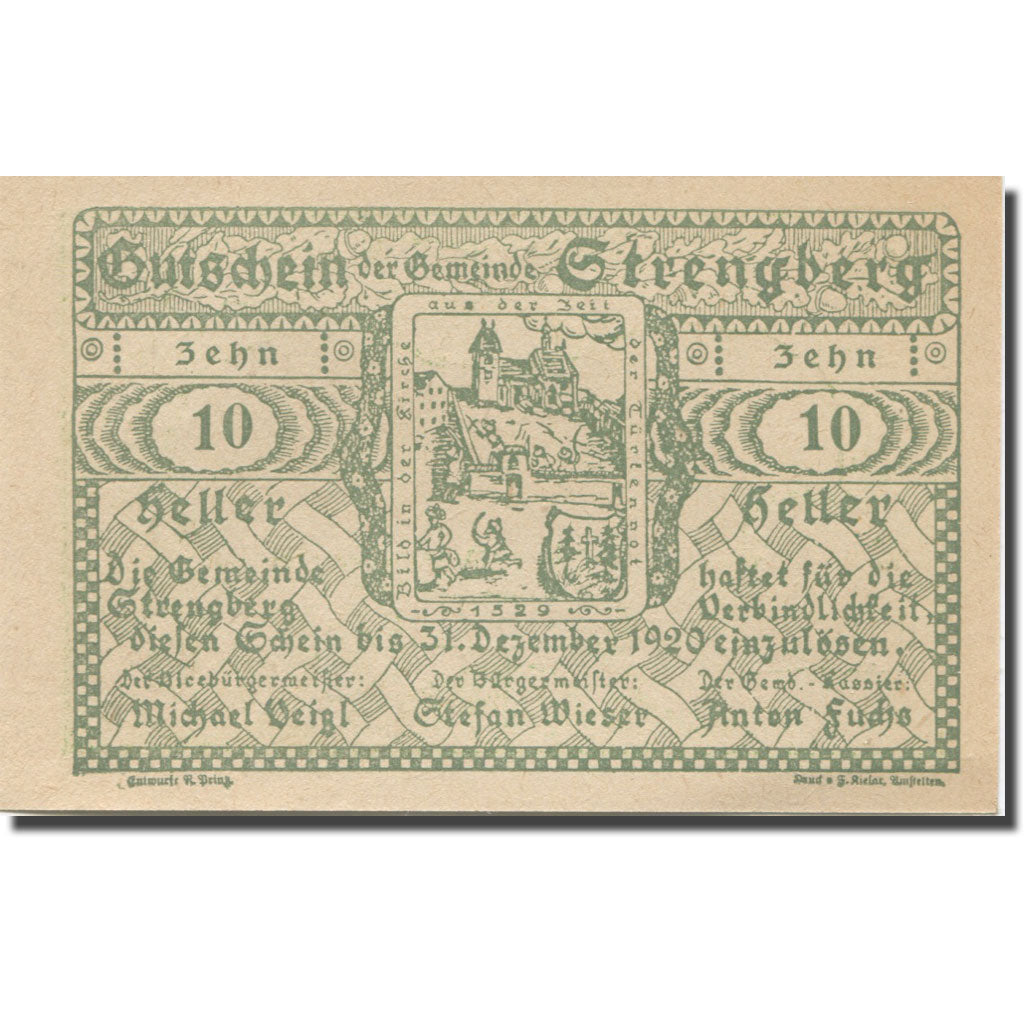 Banknote, Austria, Strengberg, 10 Heller, Eglise 1920, UNC(65-70) Mehl:FS 1049b