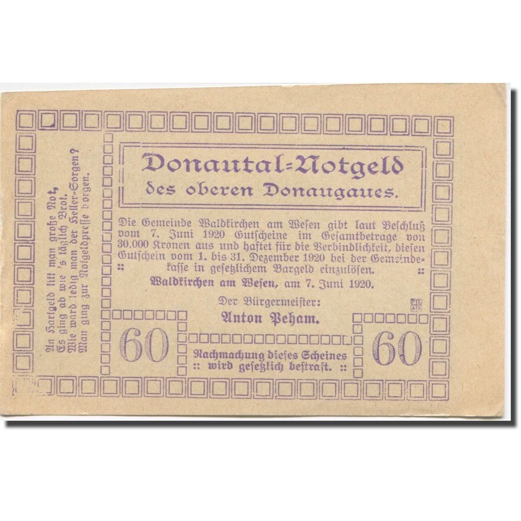 Banknote, Austria, Waldkirchen, 60 Heller, Eglise, 1920 AU(55-58) Mehl:FS 1133