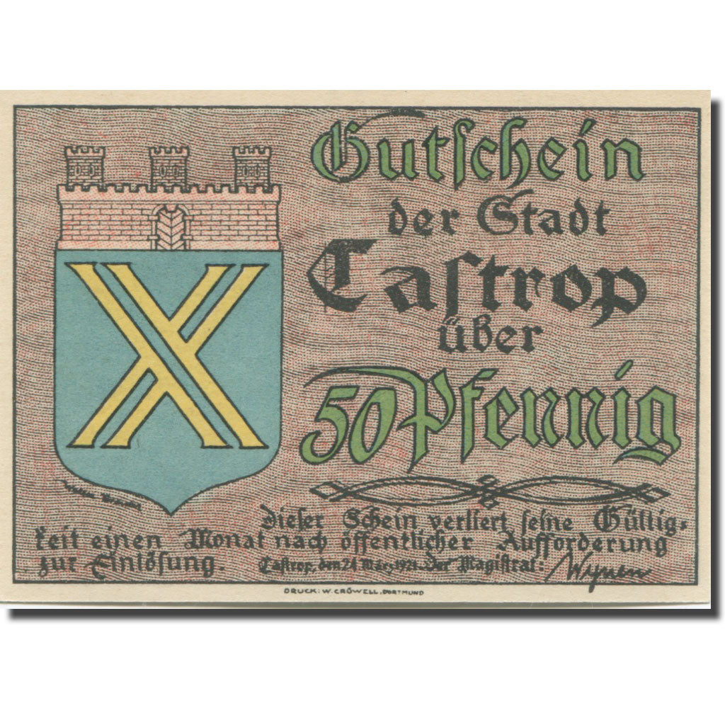 Banknote, Germany, Castrop, 50 Pfennig, Blason, 1921, UNC(63), Mehl:223.1