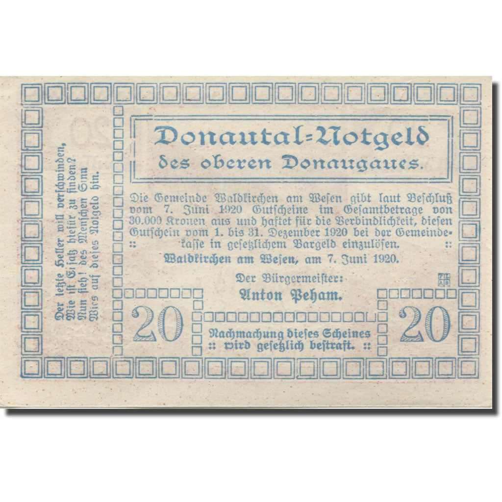 Banknote, Austria, Waldkirchen, 20 Heller, village, 1920, UNC(63) Mehl:FS 7481