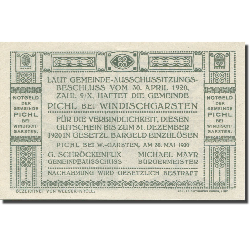 Banknote, Austria, Pichl, 20 Heller, Usine, 1920, UNC(65-70), Mehl:FS 7481