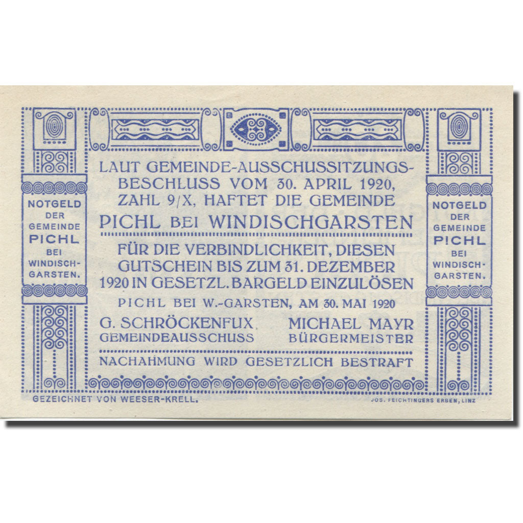 Banknote, Austria, Pichl, 20 Heller, Usine 1, 1920, UNC(65-70), Mehl:FS 7481