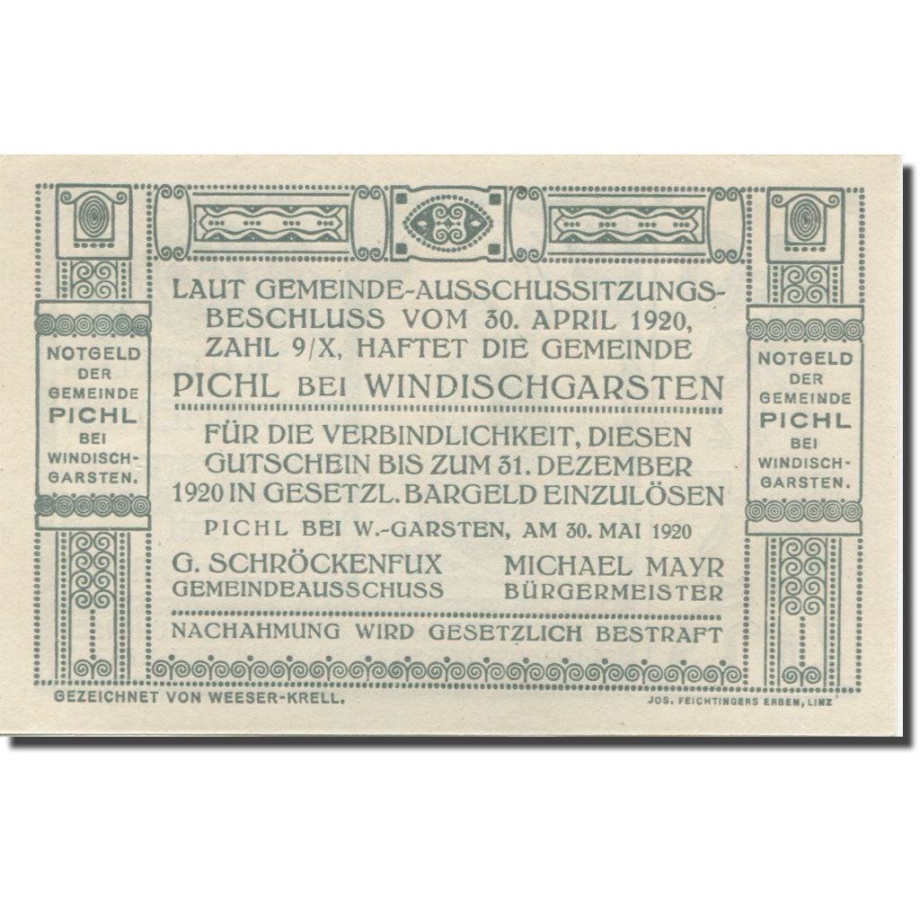 Banknote, Austria, Pichl, 40 Heller, forgeron 1, 1920, UNC(65-70), Mehl:FS 7481