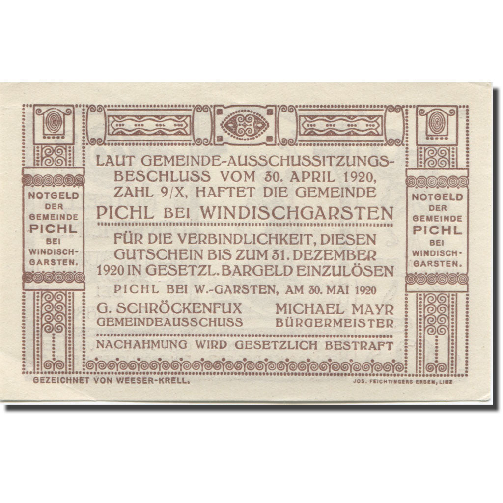 Banknote, Austria, Pichl, 40 Heller, forgeron 2, 1920, UNC(65-70), Mehl:FS 7481