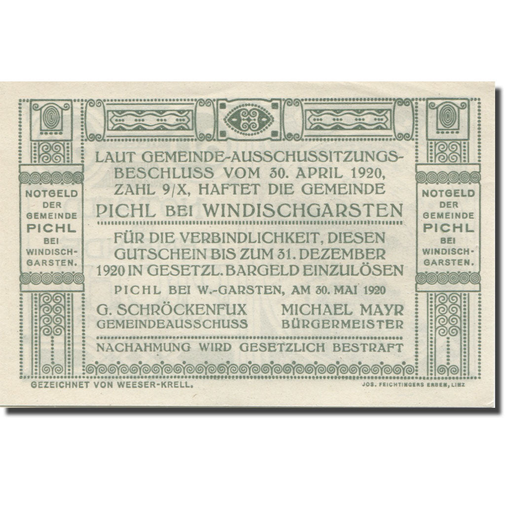 Banknote, Austria, Pichl, 60 Heller, paysage 1, 1920, UNC(63), Mehl:FS 7481