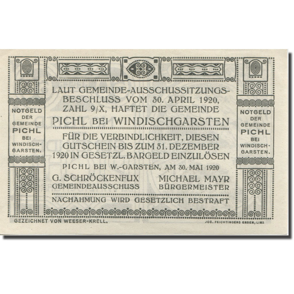 Banknote, Austria, Pichl, 60 Heller, paysage 2, 1920, UNC(63), Mehl:FS 7481