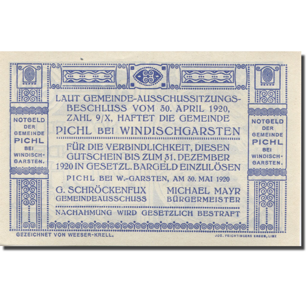 Banknote, Austria, Pichl, 60 Heller, paysage 3, 1920, UNC(65-70), Mehl:FS 7481