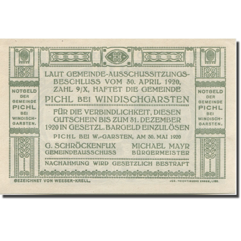 Banknote, Austria, Pichl, 80 Heller, forgeron, 1920, UNC(65-70), Mehl:FS 7481