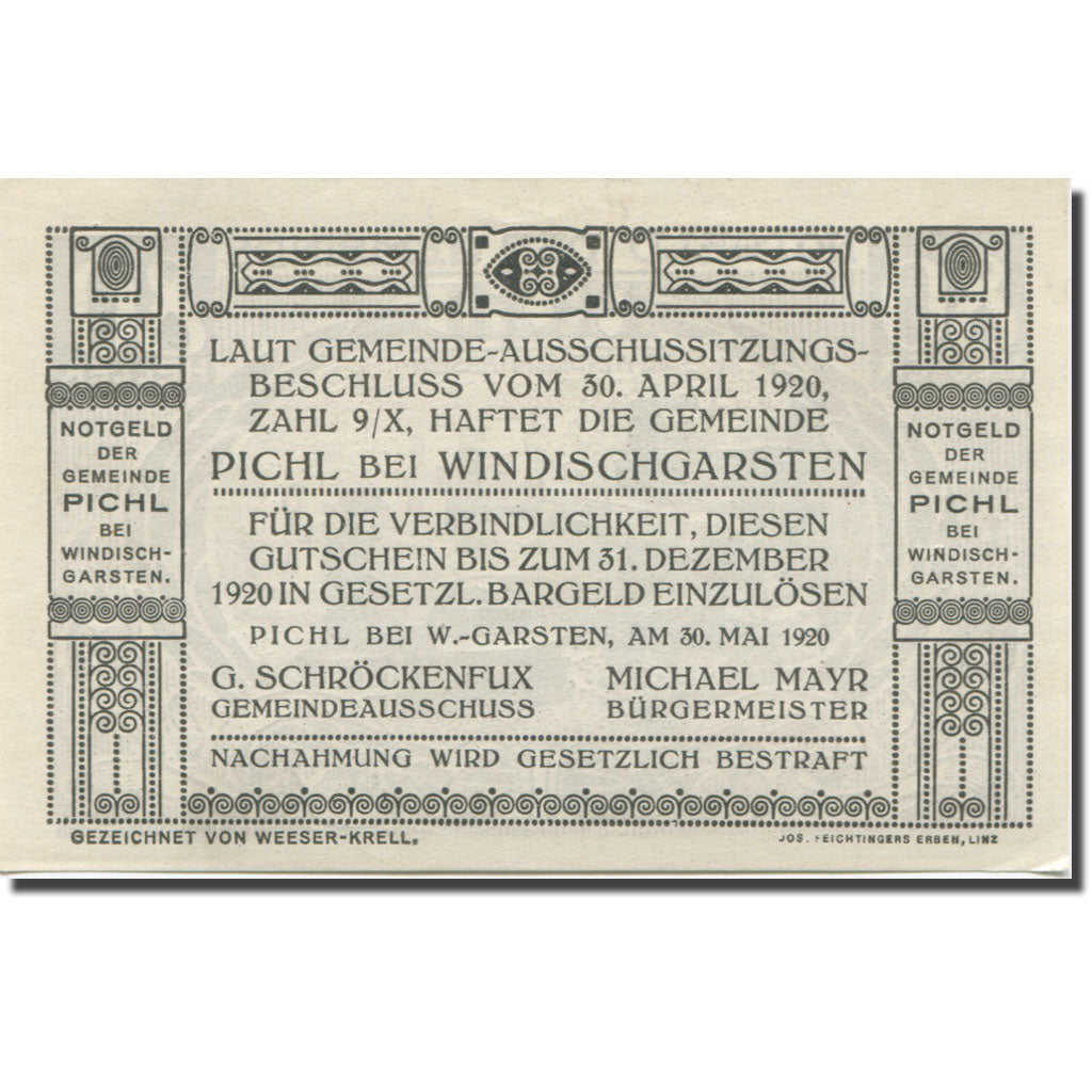 Banknote, Austria, Pichl, 80 Heller, forgeron 1, 1920, UNC(63), Mehl:FS 7481